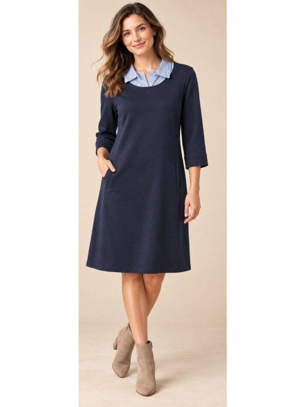 Talbots Petites MP Navy Collared Sweater Dress Pockets Preppy Academia